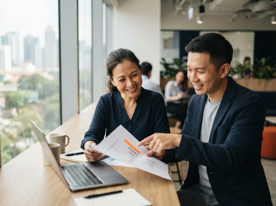 Consultant reviewing a Revenue Leak Audit report with a business owner, pointing at a highlighted section of a chart