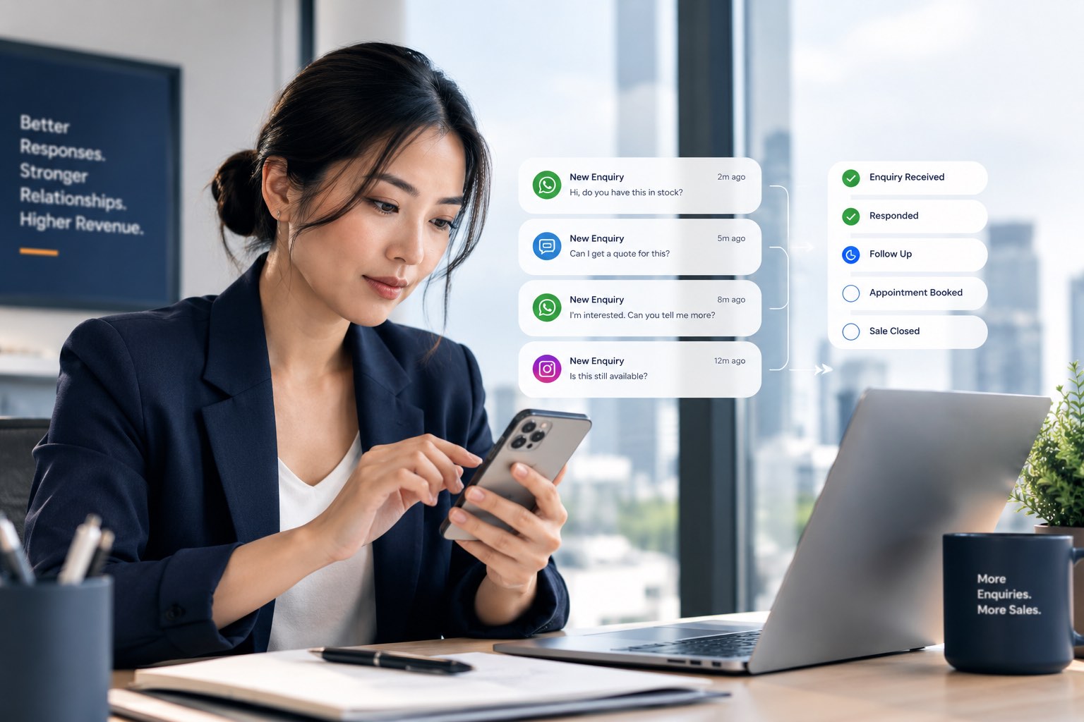 Business owner replying to customer enquiries on her phone, with enquiries from WhatsApp, chat and Instagram tracked from received to sale closed